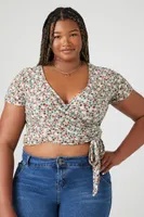 Women's Floral Wrap Crop Top in Jade, 2X