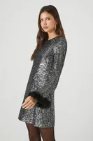 Women's Sequin Feather-Trim Mini Dress in Black/Silver Small