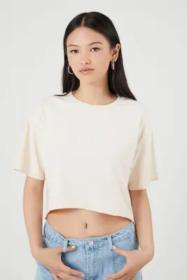 Women's Cropped Cotton T-Shirt in Oatmeal, XL