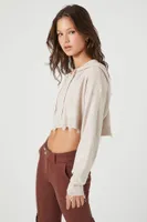 Women's Distressed Hooded Crop Top in Oatmeal Medium