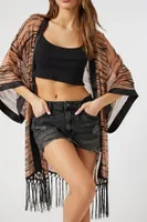 Women's Chiffon Fringe Zebra Print Kimono in Taupe/Black Small