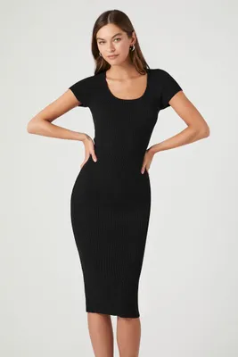 Women's Short-Sleeve Sweater Midi Dress in Black Medium