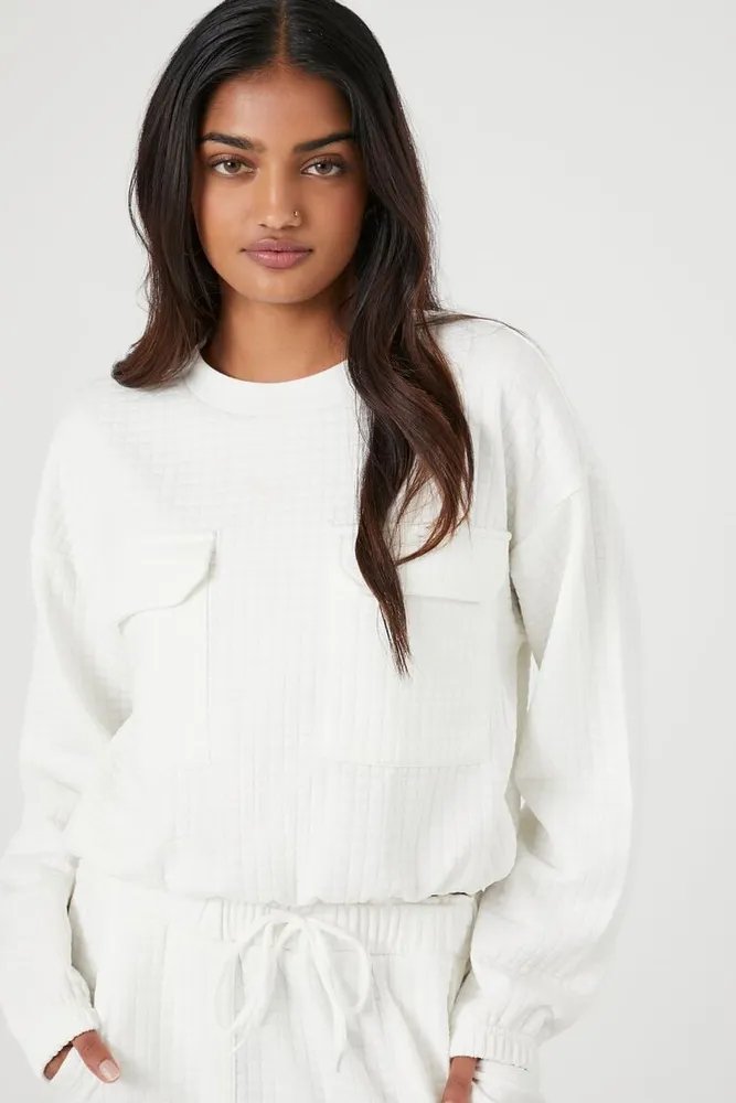 Women's Waffle Knit Pocket Pullover in Cream Small