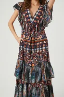 Women's Ornate Floral Tiered Ruffle Maxi Dress in Blue/Orange Small