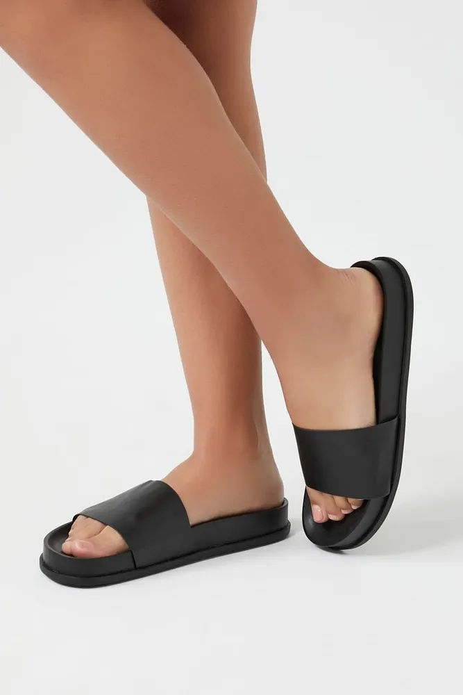 Women's Faux Leather Slides in Black, 10