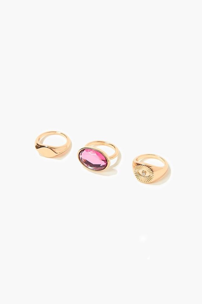 Women's Engraved & Faux Gem Ring Set Gold/Pink,