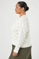 Women's Pointelle Knit Sweater in White, 2X