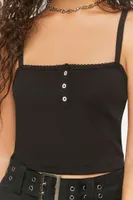 Women's Ribbed Half-Button Cropped Cami in Black Large