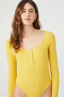 Women's Ribbed Knit Long-Sleeve Bodysuit in Maize Large