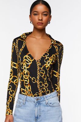 Women's Chain Print Bodysuit Black/Gold