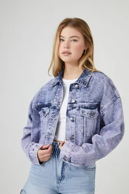 Women's Mineral Wash Cropped Denim Jacket in Purple Medium