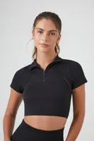 Women's Active Seamless Half-Zip Crop Top in Black Medium