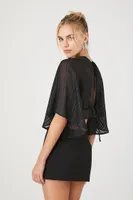 Women's Plunging Kimono-Sleeve Crop Top in Black Medium