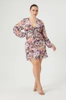 Women's Floral Print Mini Dress in Mocha/Lavender, 0X