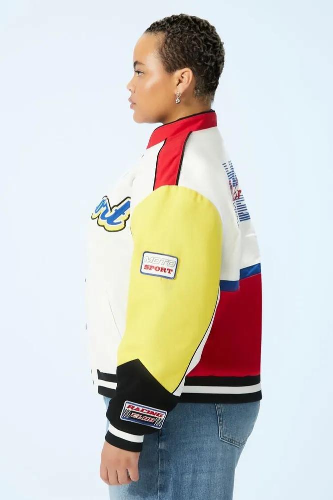 Women's Colorblock Moto Sport Jacket in White, 1X