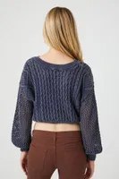 Women's Cropped Cable Knit Sweater in Navy Large