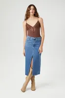 Women's Ribbed Lace-Trim Cami Bodysuit in Chocolate Medium