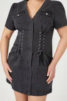 Women's Denim Lace-Up Mini Dress in Black, 3X