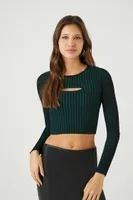 Women's Cutout Sweater-Knit Crop Top in Black/Emerald Small