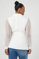 Women's Belted Sheer-Sleeve Blazer in Ivory, 3X