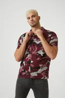 Men Camo Print Cuban Collar Shirt in Burgundy Medium