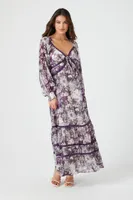 Women's Chiffon Floral Tiered Maxi Dress in Purple, XL