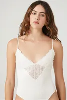 Women's Ribbed Lace-Trim Cami Bodysuit in Vanilla Large