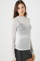 Women's Sheer Glitter Knit Turtleneck Top in Silver Medium