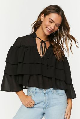 Women's Tiered Flounce Tie-Neck Chiffon Top Small