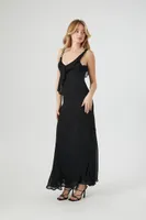 Women's Chiffon Asymmetrical Ruffle Maxi Dress in Black, XL