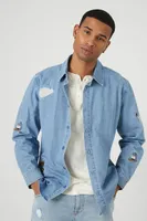 Men Embroidered Winter Sports Denim Shirt in Medium Denim, XXL