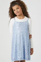 Girls Sequin Dress & Tee Set (Kids) in Blue/Cream, 13/14