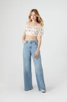 Women's Satin Floral Print Crop Top Cream