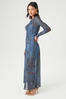 Women's Abstract Geo Print Mesh Maxi Dress in Blue, XS