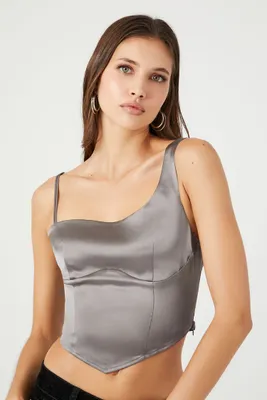 Women's Satin One-Shoulder Bustier Crop Top in Dark Grey Small