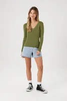 Women's Ribbed Knit V-Neck Sweater in Olive Medium