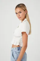 Women's Plunging Shirred Flounce Crop Top White