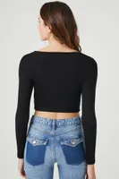 Women's Ruched Rib-Knit Crop Top in Black Large