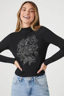 Women's Koi Fish Graphic Baby T-Shirt in Black Large