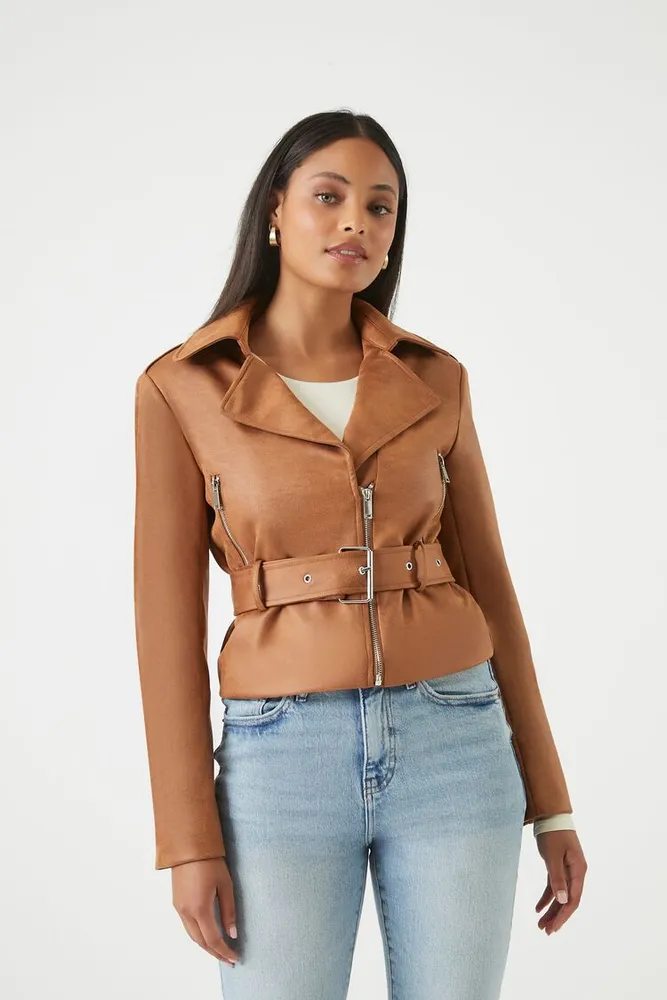 Women's Belted Moto Jacket in Brown, XS