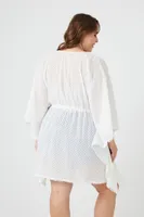 Women's Pom Pom-Trim Kimono in White, 1X