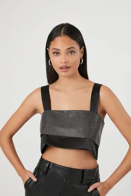 Women's Satin Rhinestone Crop Top in Black/Silver, XL