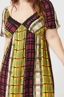 Women's Plaid Puff-Sleeve Mini Dress in Yellow, 1X