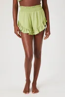 Women's Satin Ruffle-Trim Pajama Shorts in Sage Medium