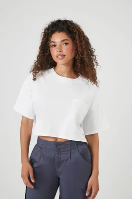 Women's Cropped Cotton Crew T-Shirt in White, XL