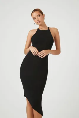 Women's Sweater-Knit Bodycon Halter Midi Dress in Black Large