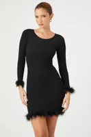 Women's Faux Feather-Trim Midi Sweater Dress in Black Medium