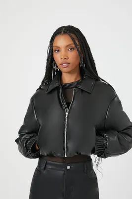 Women's Cropped Faux Leather Bomber Jacket Black