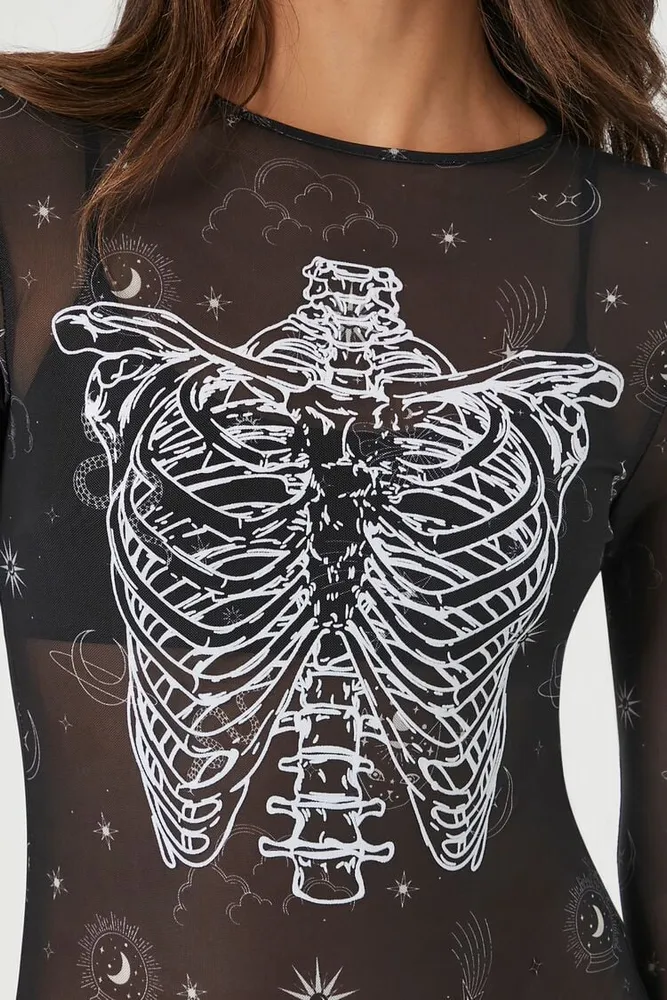 Women's Sheer Skeleton Graphic Bodysuit in Black/White Small