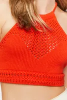 Women's Crochet Crisscross Halter Crop Top in Fiery Red, XL